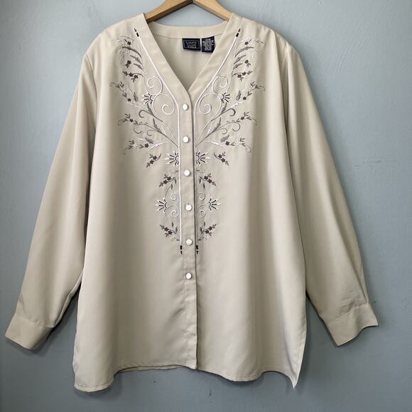 Laura Scott Tops - Vintage Laura Scott Blouse Plus Size 20W Embroidered Beige Grandma Cottagecore